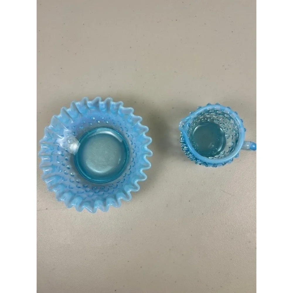 Fenton Blue Opalescent Hobnail Miniature Creamer and‎ Ruffled Bowl Set of 2